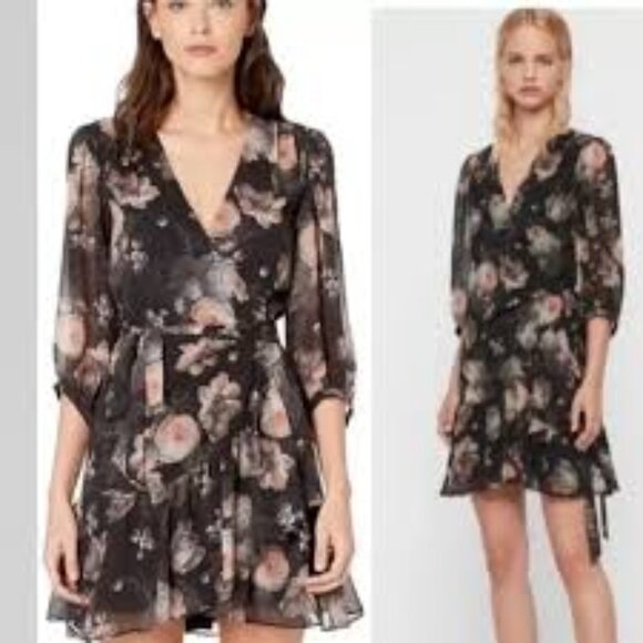 All Saints Dresses & Skirts - All Saints Jade Eden Dress - Mini Dark Floral Wrap Dress - Size Medium